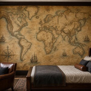Vintage World Map Wall Mural, Peel and Stick Wallpaper, Old World Antique Map Removable Mural, Custom Size Office Study Decor