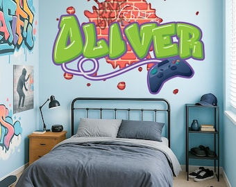 Personalized Gamer Name Decal - Custom Graffiti Style Bedroom Sticker for Video Game Kids Room Vinyl Art