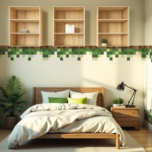 May include: A bedroom scene featuring a wooden bed with white bedding and green pillows. Above the bed are three wooden shelves. A green pixelated design decorates the wall. A potted plant and a black desk lamp are also visible.