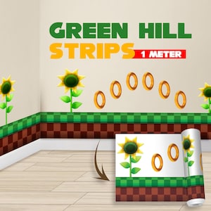 Retro Platform Game Wall Border Strip, Pixel Style Grass Terrain Wall Decal with Rings and Flowers, Kids Gamer Room Decor Peel Stick