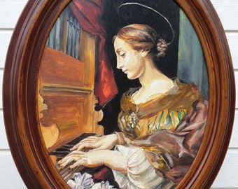 Obraz olejny Cecilii. Sztuka sakralna. Prezent dla nauczyciela muzyki. Sztuka Dolci