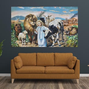 May include: A large, framed painting depicts a child in a white robe holding a palm branch, surrounded by a lion, lamb, cow, sheep, and leopard. The background shows a landscape with mountains, windmills, and a blue sky with clouds. The artwork has a pastoral theme.