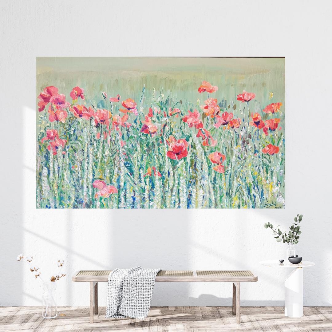 ポピーの草原の絵画。緑の絵画。静寂のアート。花好きの方への贈り物