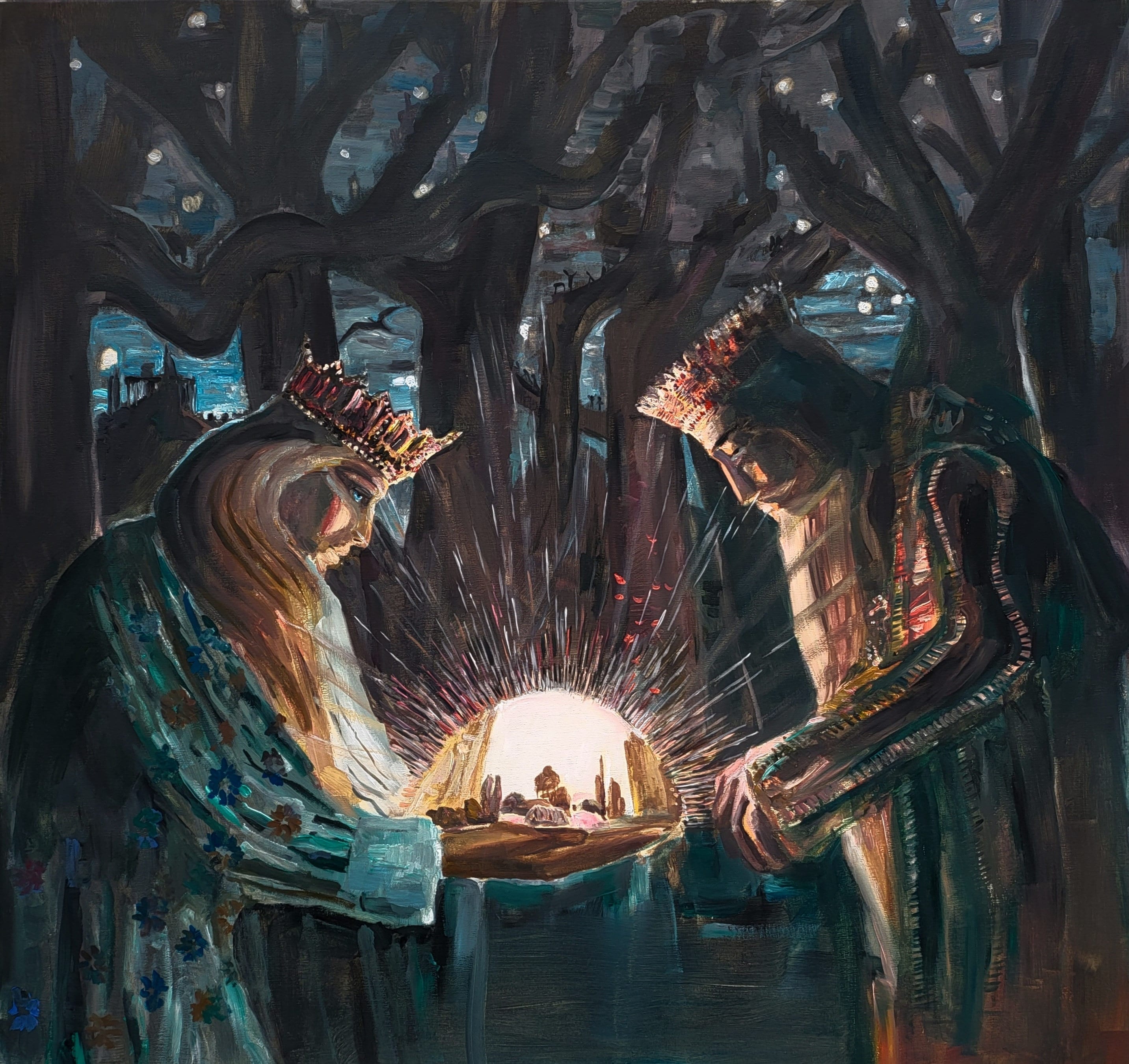 チュルリオーニにインスパイアされた油絵。神秘的な絵画。精神的な