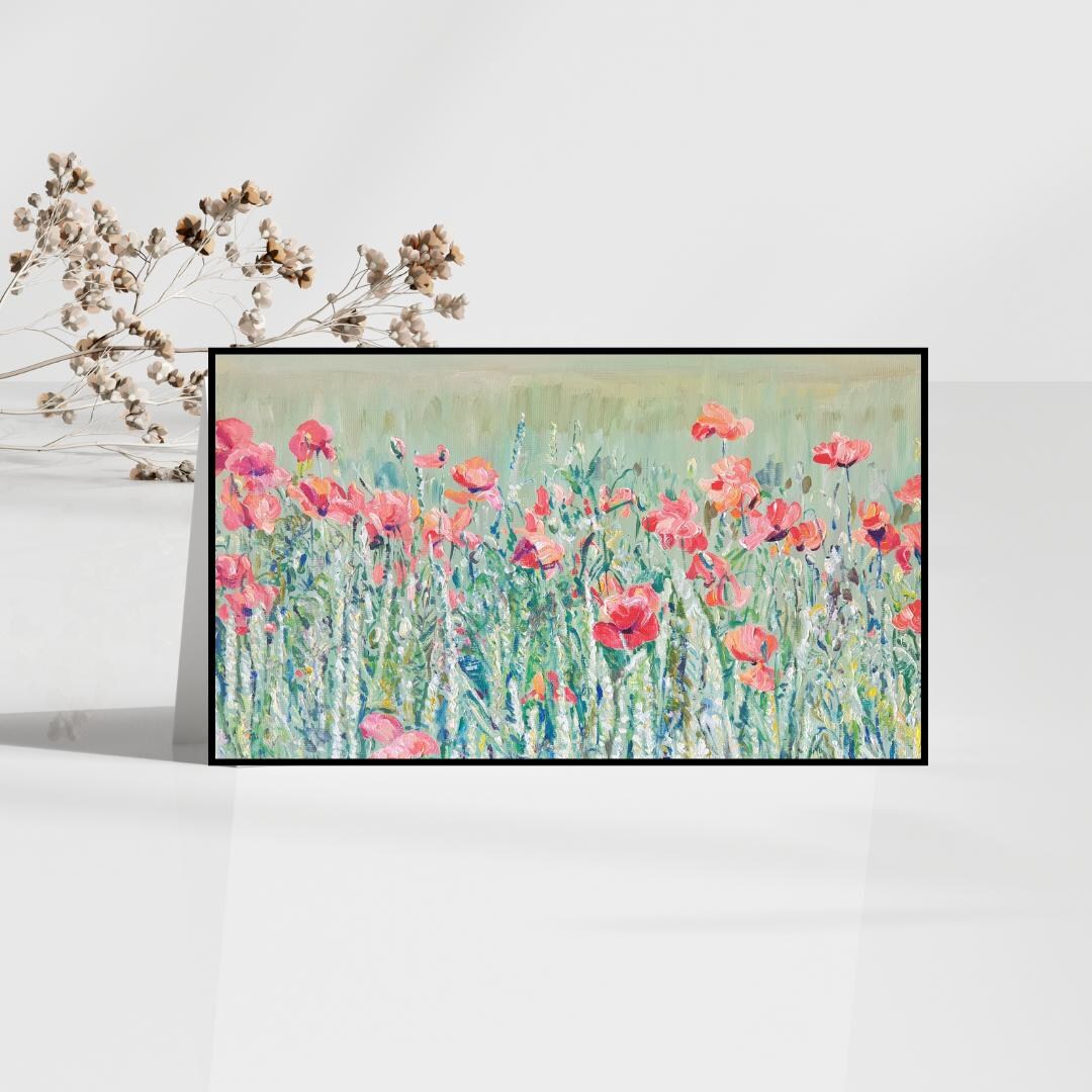 ポピーの草原の絵画。緑の絵画。静寂のアート。花好きの方への