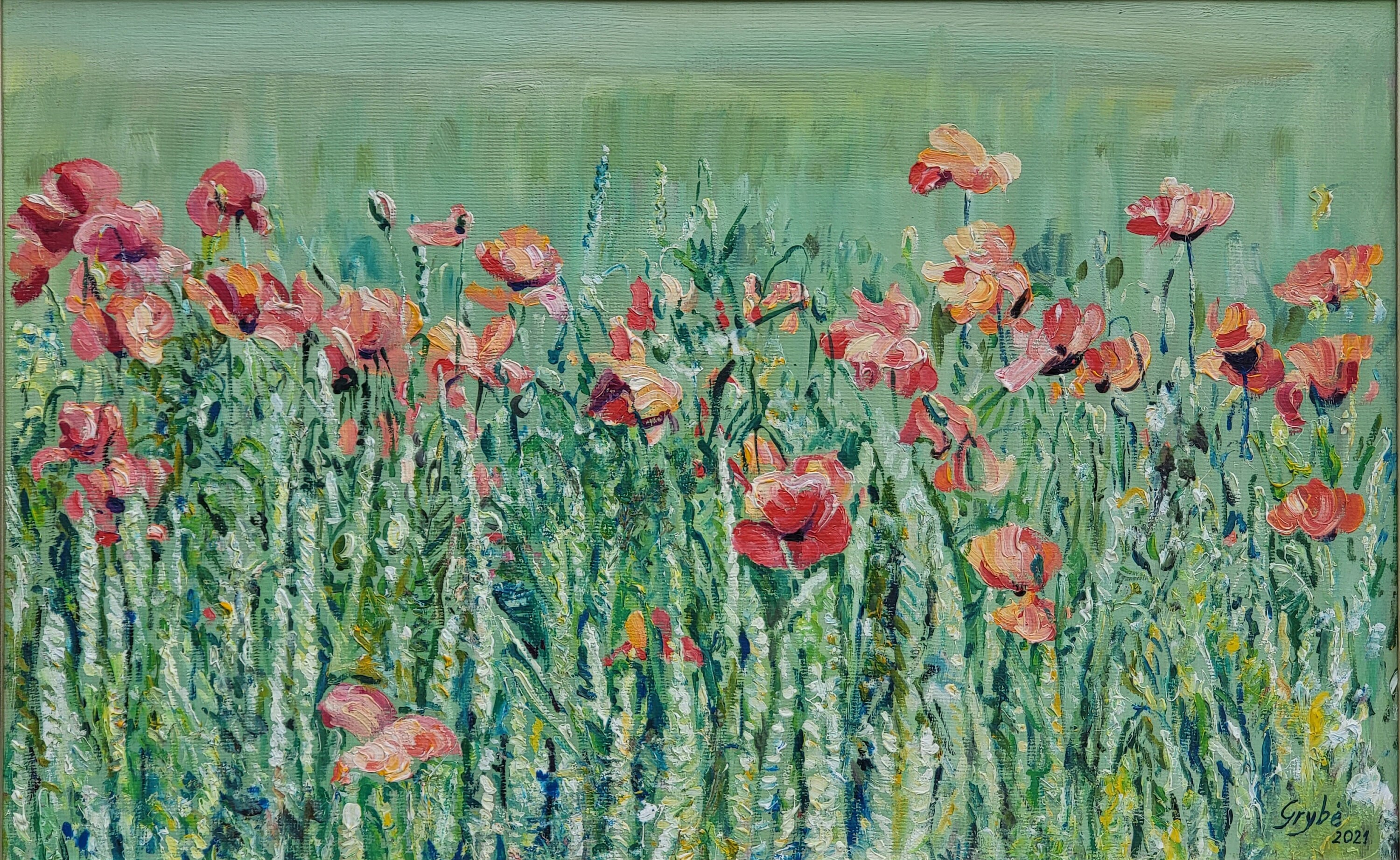 ポピーの草原の絵画。緑の絵画。静寂のアート。花好きの方への