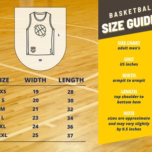Op de afbeelding: Basketbaltrui maattabel voor volwassen mannen. De tabel toont maten van XS tot 2XL met bijbehorende breedte- en lengtematen in inches. De breedte wordt gemeten van oksel tot oksel en de lengte wordt gemeten van de schoudertop tot de zoom.