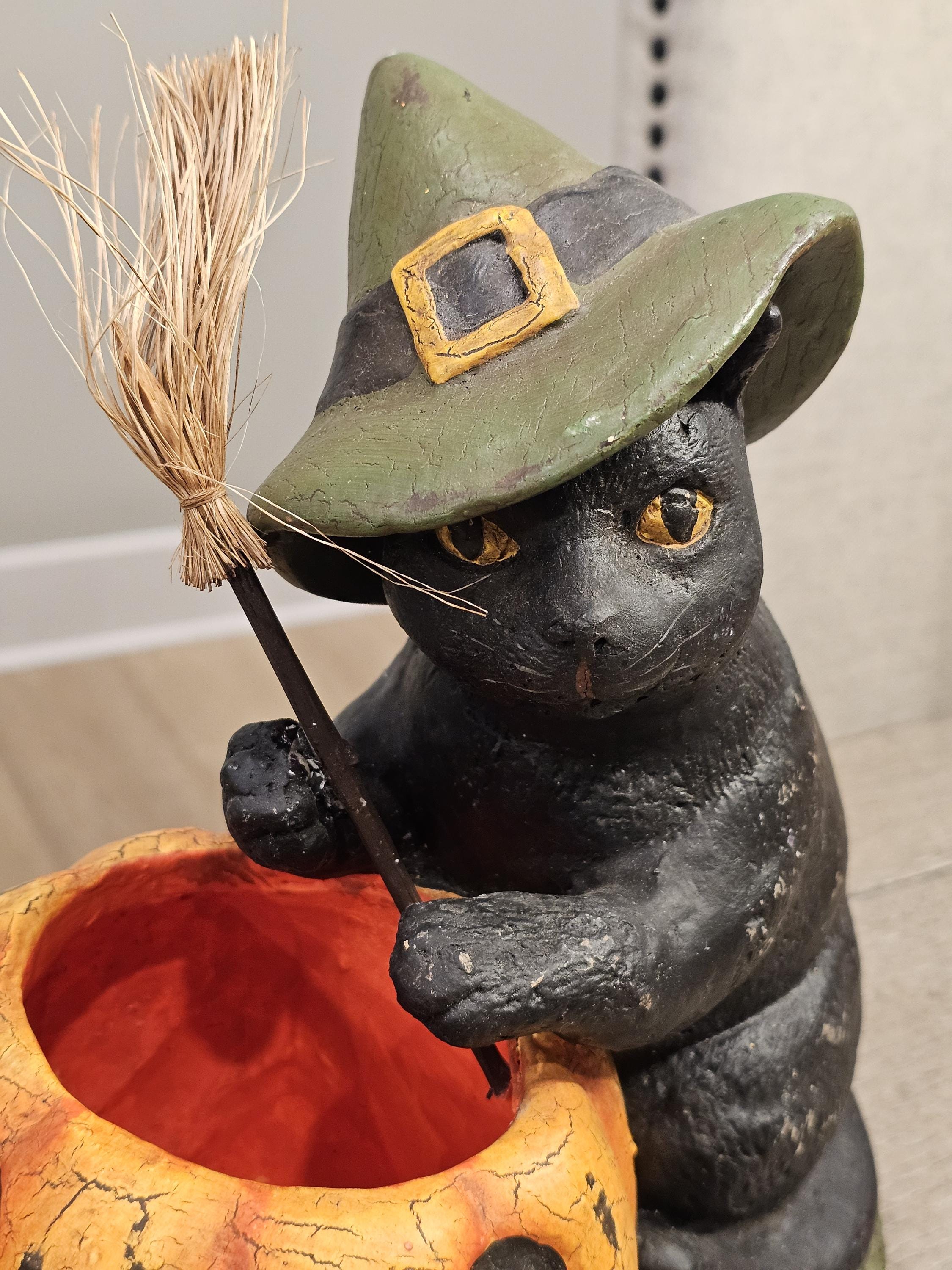 Bethany Lowe Black Cat Witch Jack O Lantern Paper Mache Halloween