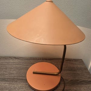 May include: A table lamp featuring a wide, conical, peach-colored shade and a matching circular base. The two components are connected by a curved, metallic arm with a bronze-toned finish. A thin electrical cord extends from the base.