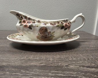 Churchill Myott Thanksgiving 9" Gravy Boat & Under Plate Multi-Color Turkey