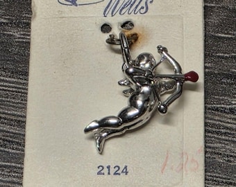 Vintage WELLS CUPID With Bow & Red ENAMEL Tip Arrow Sterling Silver Charm