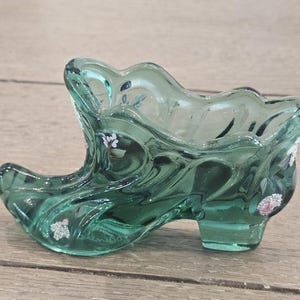 Fenton Hand Painted Green  Glass Slipper Flowers Vintage (Signed) S4