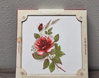 VTG Red Rose Ceramic Trivet Tile Kitchen  6x6 Tile Craft Message Board Kiln Fire