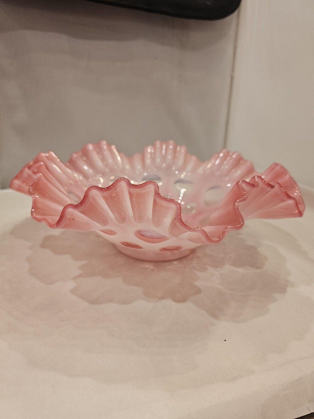 Vintage Fenton Cranberry Glass Bridal Bowl Coin Dot Opalescent Ruffled ...