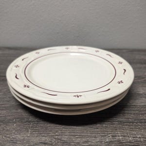 May include: A stack of two round off-white ceramic plates featuring a dark maroon circular band and a repeating pattern of small maroon floral motifs and curved lines along the raised rim, with a smooth center and a textured border design.