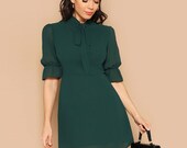Lady Green Elegant Tie Neck Stand Collar Flounce Sleeve Mini Dress Spring Solid Half Sleeve Ruffle Trim A Line Dress