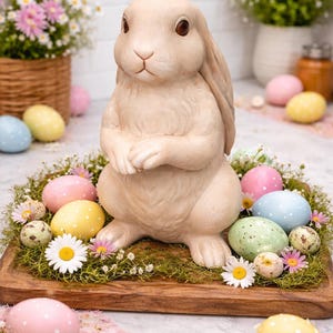 May include: A beige bunny figurine with a detailed face and folded ears, surrounded by colorful Easter eggs with polka dots and small flowers. The eggs are pink, yellow, blue, and green. The bunny is on a wooden tray.