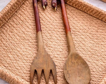 Mid Century  Wooden Salad Servers With Duck Head Handles, Hand carved