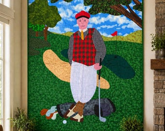 Signed Folk Art Golf Quilt Wall Hanging, Appliqué Textile Art (25x36)
