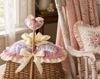 Vintage Wicker Sewing Basket: Floral Quilted Lace Lid, Cottagecore