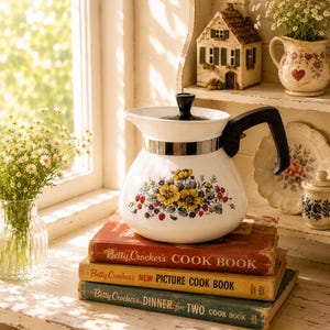 May include: A white enamel coffee pot with a black handle and lid, adorned with a floral design of yellow flowers and red berries. It sits atop a stack of vintage cookbooks, including "Betty Crocker's COOK BOOK."