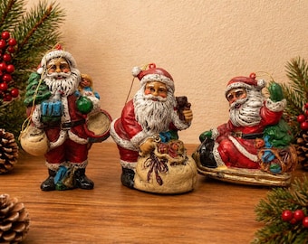 Vintage Plastic Santa Figurines Set, Old World Style Christmas Decor
