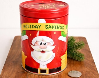 Vintage Santa Coin Bank, Retro Holiday Savings Tin, Christmas Decor Storage