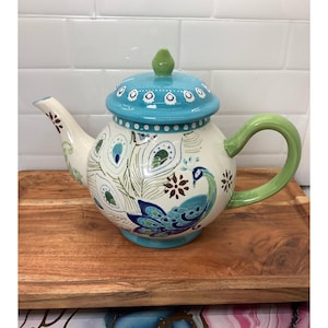 Hand-Painted Peacock Teapot: Collectable Dutch Wax Ceramic Teapot