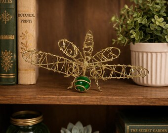 Vintage Wire Dragonfly Sculpture, Gold Tone Metal Insect, Green Glass Accent, Nature Art