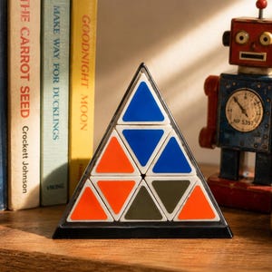 May include: A pyramid-shaped puzzle with blue, orange, and green triangular pieces. The puzzle sits on a wooden surface next to a vintage toy robot and a stack of colorful books, including "Goodnight Moon."