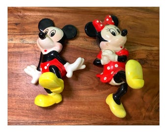 Vintage 80s Disney Mickey and Minnie Mouse Ceramic Wall Figurines