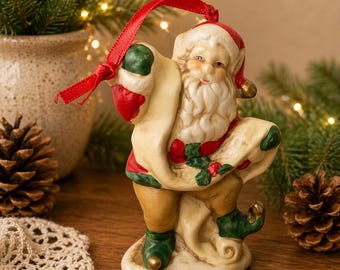Vintage Santa Ornament with Scroll List, Ceramic Christmas Figurine, Holiday Decor, Retro Santa Claus