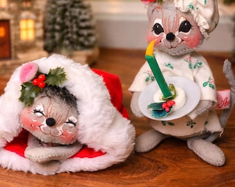 Vintage 1993 Annalee Mrs. Tuckered Mouse Doll Set, Holiday Decor