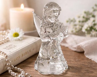 Vintage Glass Angel Figurine • Harp Playing Guardian Statue • Religious Home Decor