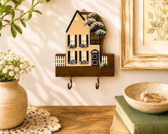 Hand-Painted Wooden Cottage Wall Hook Rack | Floral Cottagecore Key Holder