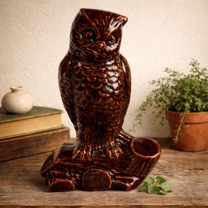Vintage 1970s Ceramic Owl Planter: Retro Glazed Pottery Vase