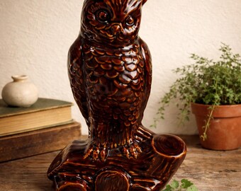 Vintage 1970s Ceramic Owl Planter: Retro Glazed Pottery Vase