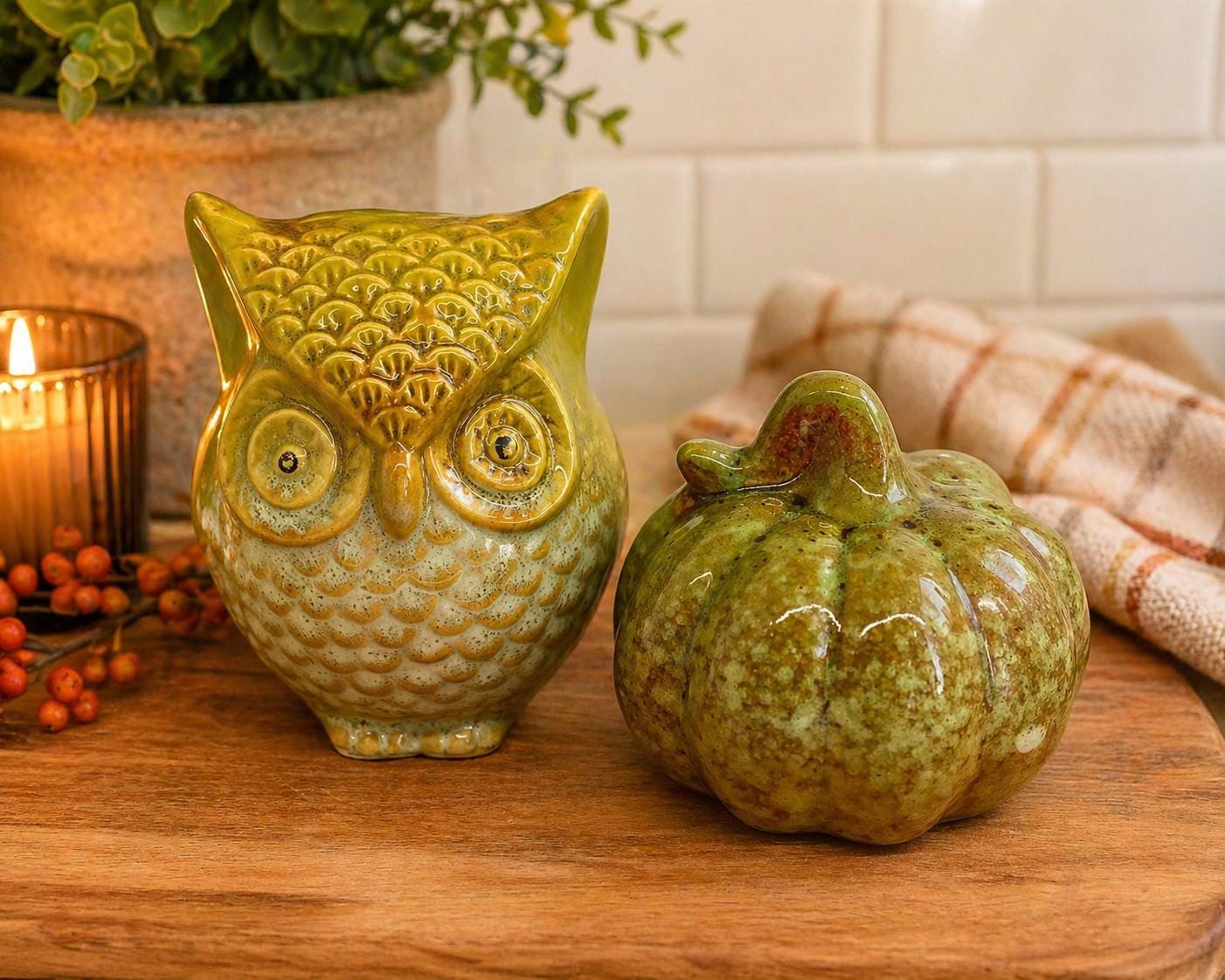 Vintage Glazed Ceramic Owl Figurine with Pumpkin