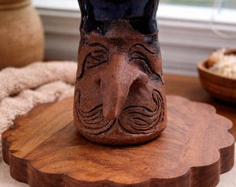 Vintage Signed Studio Art Pottery Face vase: Whimsical Folk Art