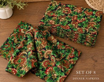 Artisan-Made Dinner Napkins – Set of 8 | Green Holly & Paisley Design