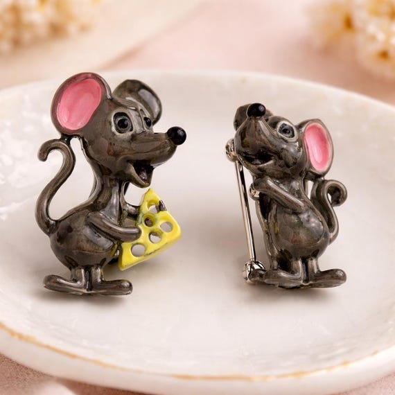 Vintage Gerry's Enamel Mouse Brooch Set | 1960s 1970s Animal Pins | Retro Cheese Mouse Figural
