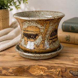 Vintage Handmade Studio Pottery Planter with Matching Saucer | Mid-Century Organic Earth Tone Stoneware | Hand-Thrown Ceramic Plant Pot