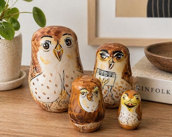 Vintage Handpainted Wooden Owl Nesting Dolls, Matryoshka Dolls