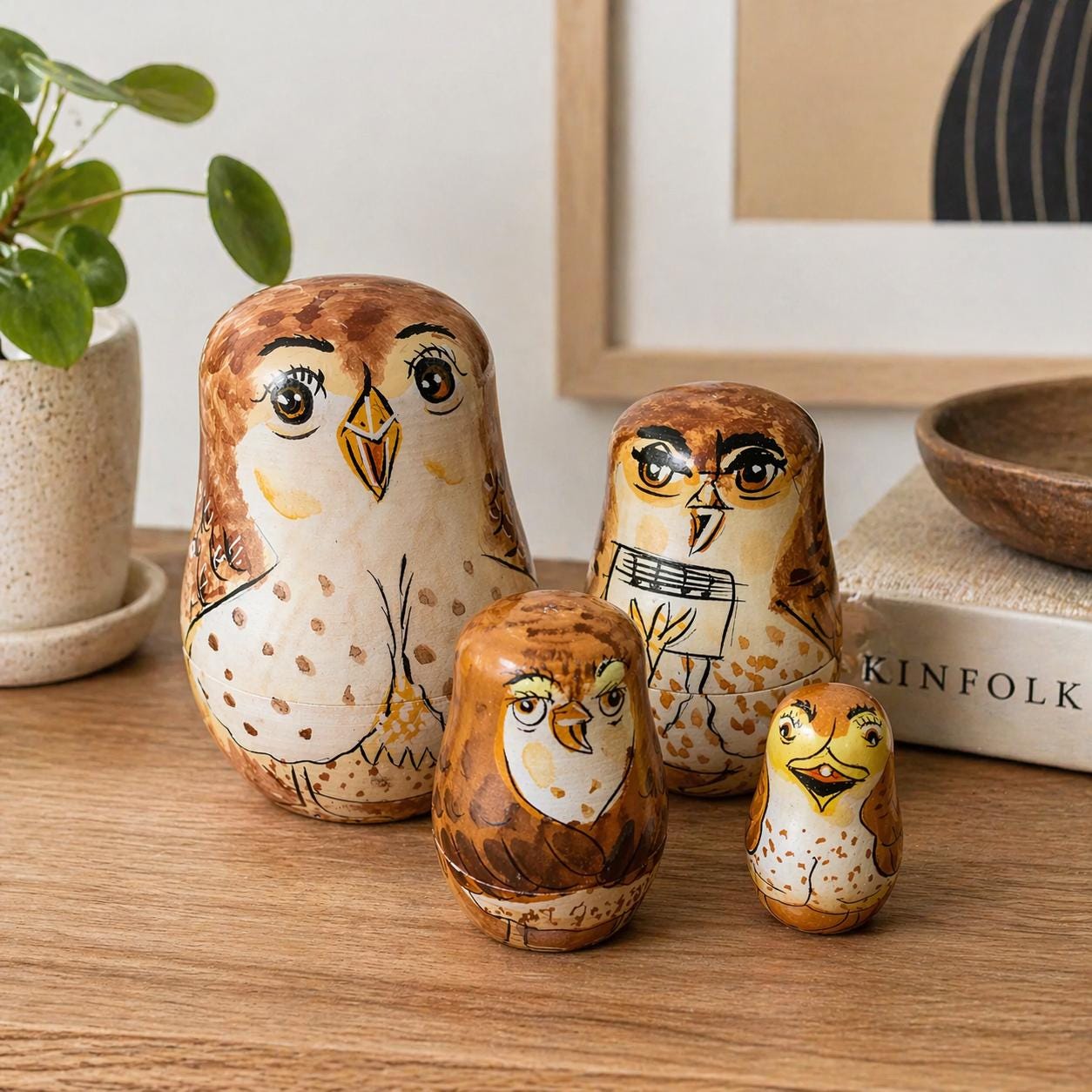 Vintage Handpainted Wooden Owl Nesting Dolls, Matryoshka Dolls