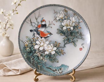 Vintage 1988 Jingdezhen Porcelain Plate,  Hand Painted Floral Bird Asian Decor