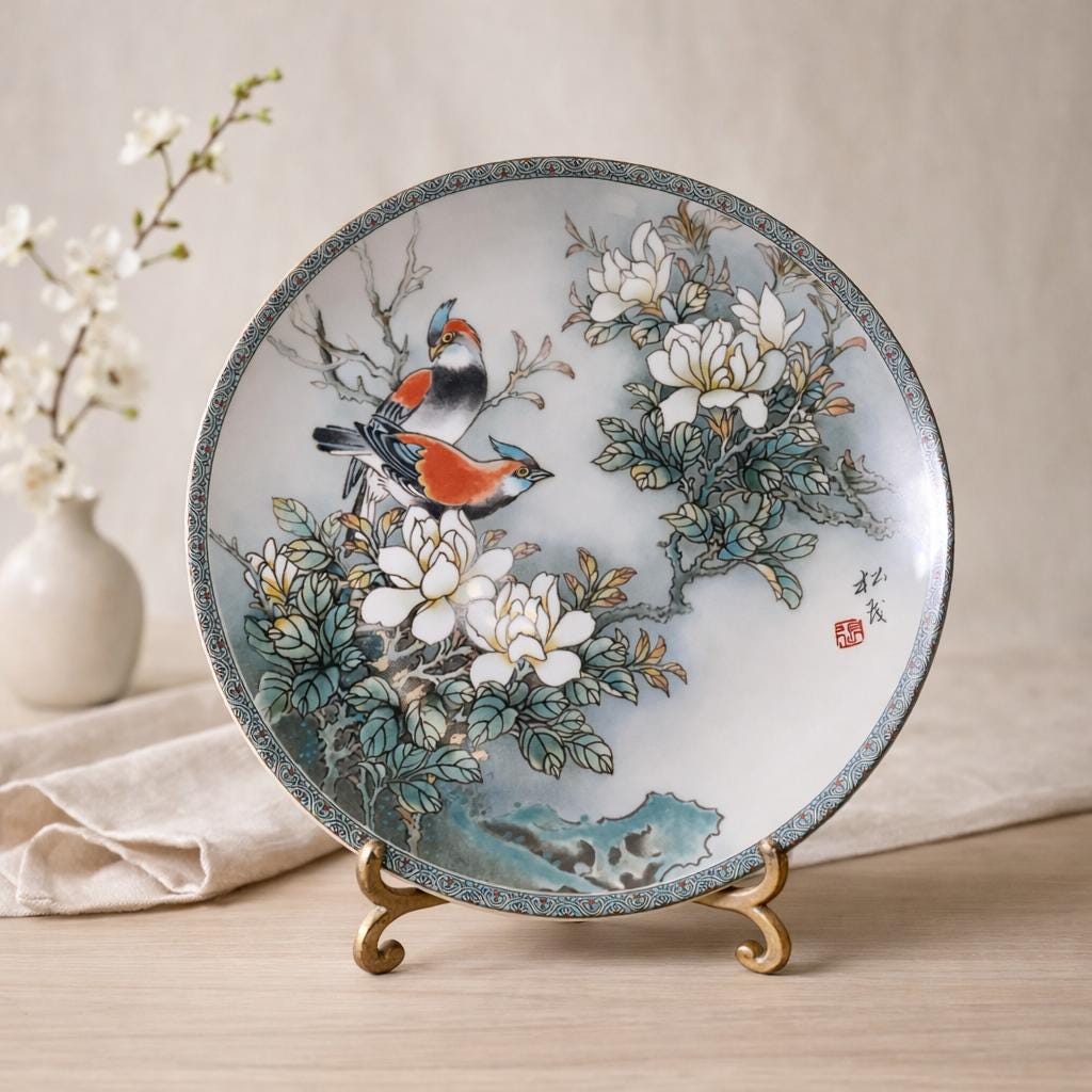 A.E.マルティ☆ファッションプレート『LE NID DE PINSONS』 Vintage 1988 Jingdezhen Porcelain Plate, Hand Painted Floral Bird