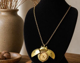 Vintage Monet Ladybug Pendant Watch Necklace, Gold Tone Long Chain, Novelty Insect Jewelry