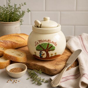 May include: Cream-colored ceramic mustard pot with a lid and spoon. The pot is decorated with a tree and the words "La moutarde". A loaf of bread, a small bowl of mustard seeds, and a knife are also present.