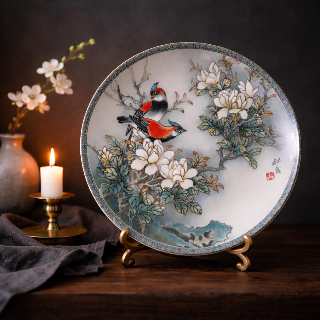 A.E.マルティ☆ファッションプレート『LE NID DE PINSONS』 Vintage 1988 Jingdezhen Porcelain Plate, Hand Painted Floral Bird