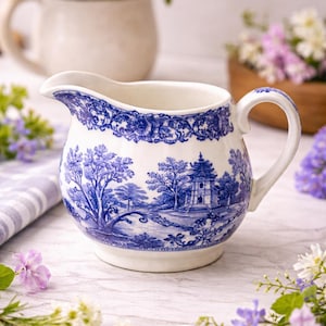 May include: White ceramic creamer with a blue and white landscape design. The creamer features a spout and handle, and the design includes trees, a building, and decorative border. The creamer is surrounded by flowers.
